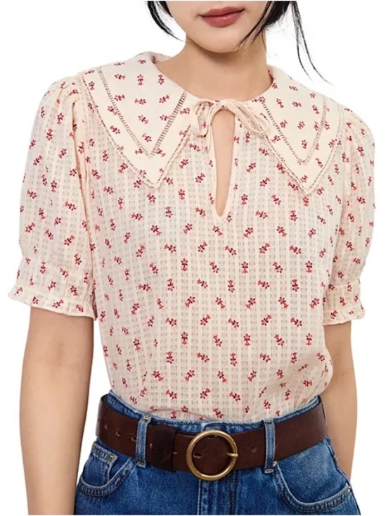 ba&sh Tops - ba&sh Cream Blouse with Red Floral Print and Peter Pan Collar